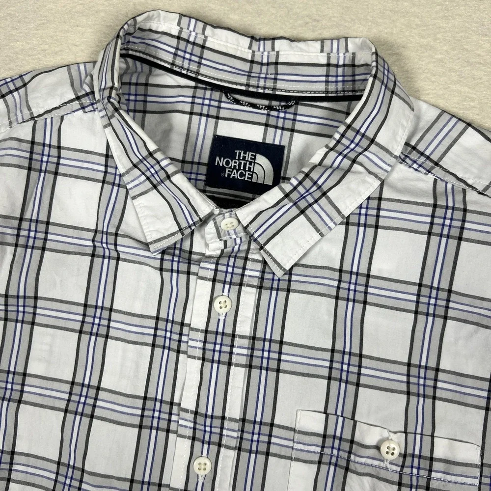 The North Face Shirt Mens 2XL White Blue Plaid Short Sleeve Button Front
